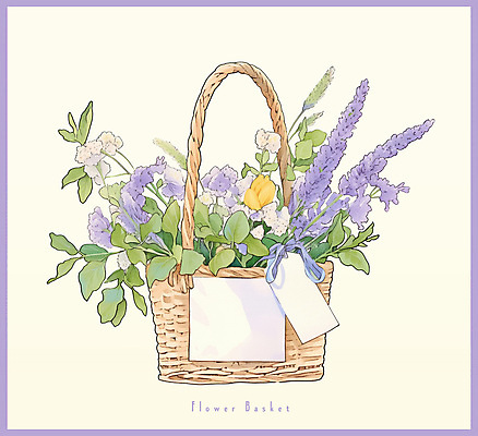 PSD 리본 일러스트 봄꽃 사람없음 꼬리표 보라색 빈티지 풀잎 오브젝트 꽃바구니 라벤더 국내일러스트 꽃 컬러 컨셉 잎 라벨 바구니 봄 풀_식물 허브 파일형식