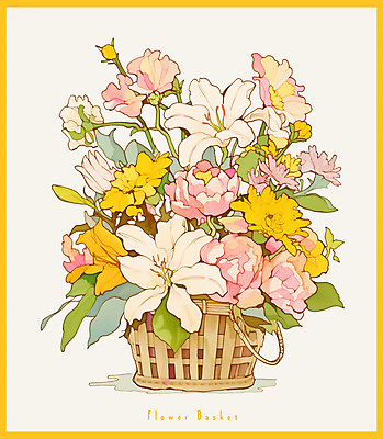 PSD 일러스트 봄꽃 사람없음 노란색 빈티지 풀잎 백합 오브젝트 꽃바구니 국내일러스트 꽃 컬러 컨셉 잎 바구니 봄 풀_식물 파일형식