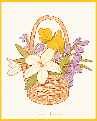 PSD 일러스트 봄꽃 사람없음 노란색 빈티지 풀잎 백합 오브젝트 꽃바구니 국내일러스트 꽃 컬러 컨셉 잎 바구니 봄 풀_식물 파일형식