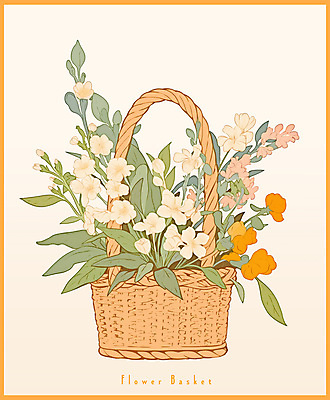 PSD 일러스트 봄꽃 사람없음 주황색 빈티지 풀잎 오브젝트 꽃바구니 국내일러스트 꽃 컬러 컨셉 잎 바구니 봄 풀_식물 파일형식