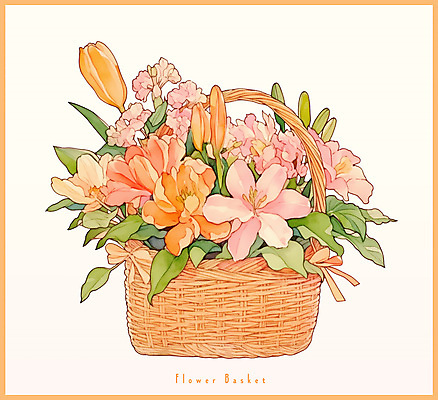 PSD 일러스트 봄꽃 사람없음 주황색 빈티지 풀잎 백합 오브젝트 꽃바구니 국내일러스트 꽃 컬러 컨셉 잎 바구니 봄 풀_식물 파일형식