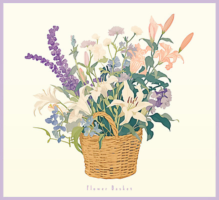 PSD 일러스트 봄꽃 사람없음 보라색 빈티지 풀잎 백합 오브젝트 꽃바구니 라벤더 국내일러스트 꽃 컬러 컨셉 잎 바구니 봄 풀_식물 허브 파일형식
