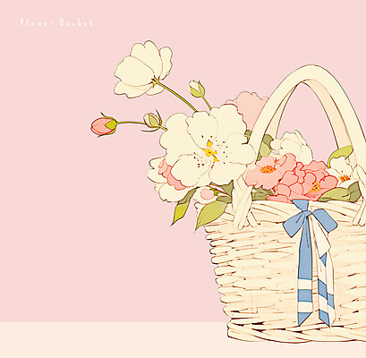 PSD 리본 분홍색 일러스트 봄꽃 사람없음 빈티지 풀잎 오브젝트 꽃바구니 국내일러스트 꽃 컬러 컨셉 잎 바구니 봄 풀_식물 파일형식