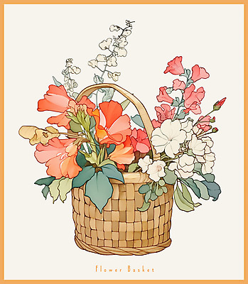 PSD 일러스트 봄꽃 사람없음 주황색 빈티지 풀잎 오브젝트 꽃바구니 국내일러스트 꽃 컬러 컨셉 잎 바구니 봄 풀_식물 파일형식