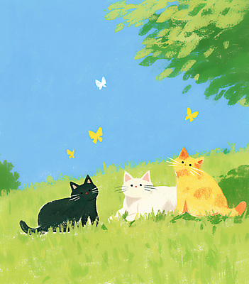 JPG 나비 일러스트 하늘 잔디 초원 사람없음 고양이 봄풍경 감성 국내일러스트 AI일러스트 AI콘텐츠 식물 곤충 컨셉 포유류 풍경 반려동물 봄 파일형식