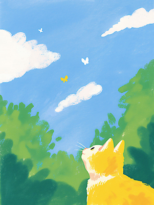 JPG 나무 구름 나비 일러스트 하늘 잔디 초원 사람없음 고양이 봄풍경 감성 국내일러스트 AI일러스트 AI콘텐츠 자연요소 식물 곤충 컨셉 포유류 풍경 반려동물 봄 파일형식