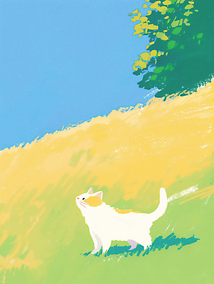 JPG 나무 일러스트 하늘 잔디 초원 사람없음 고양이 봄풍경 감성 국내일러스트 AI일러스트 AI콘텐츠 식물 컨셉 포유류 풍경 반려동물 봄 파일형식