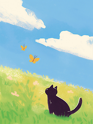 JPG 구름 나비 일러스트 하늘 잔디 초원 사람없음 고양이 봄풍경 감성 국내일러스트 AI일러스트 AI콘텐츠 자연요소 식물 곤충 컨셉 포유류 풍경 반려동물 봄 파일형식