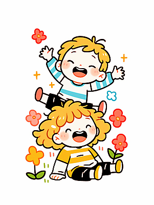 JPG 전신 여자 남자 꽃 행복 어린이 잎 일러스트 놀이 웃음 앉기 소녀 소년 두명 반짝임 노란색 귀여움 점프 만세 어린이만 일러캐릭터 AI일러스트 AI콘텐츠 식물 캐릭터 감정 컬러 컨셉 모션 표정 사람 파일형식