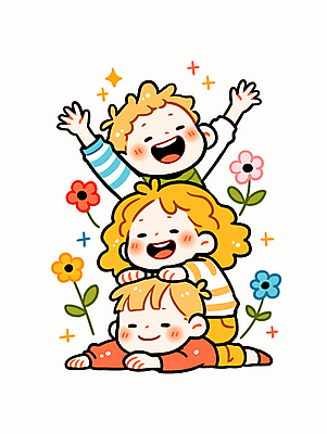 JPG 전신 여자 남자 꽃 행복 어린이 엎드리기 잎 일러스트 놀이 웃음 앉기 소녀 소년 두명 반짝임 노란색 귀여움 만세 어린이만 일러캐릭터 AI일러스트 AI콘텐츠 식물 캐릭터 감정 컬러 컨셉 모션 표정 사람 파일형식