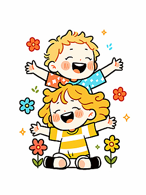 JPG 전신 여자 남자 꽃 행복 어린이 잎 일러스트 놀이 웃음 앉기 소녀 소년 두명 반짝임 노란색 귀여움 만세 어린이만 일러캐릭터 AI일러스트 AI콘텐츠 식물 캐릭터 감정 컬러 컨셉 모션 표정 사람 파일형식