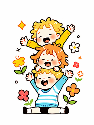 JPG 여자 남자 꽃 행복 어린이 잎 일러스트 안기 놀이 웃음 소녀 소년 세명 반짝임 노란색 귀여움 만세 어린이만 일러캐릭터 AI일러스트 AI콘텐츠 식물 캐릭터 감정 컬러 컨셉 모션 표정 사람 파일형식