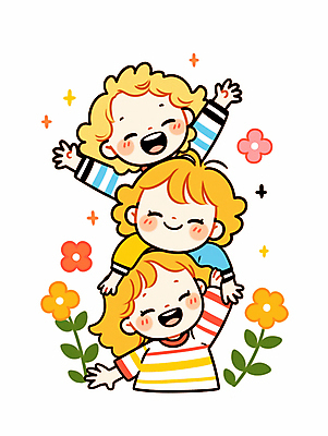 JPG 여자 남자 꽃 행복 어린이 잎 일러스트 놀이 웃음 소녀 소년 상반신 세명 반짝임 노란색 손들기 귀여움 만세 어린이만 일러캐릭터 AI일러스트 AI콘텐츠 식물 캐릭터 감정 컬러 컨셉 모션 표정 사람 파일형식