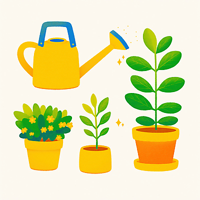 JPG 꽃 화분 일러스트 사람없음 반짝임 노란색 물뿌리개 풀잎 원예 원예용품 국내일러스트 AI일러스트 AI콘텐츠 식물 컬러 생활용품 잎 모션 취미 풀_식물 파일형식