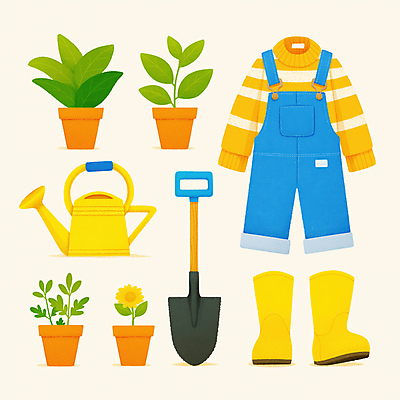 JPG 꽃 화분 일러스트 부츠 사람없음 노란색 물뿌리개 풀잎 삽 멜빵바지 원예 원예용품 국내일러스트 AI일러스트 AI콘텐츠 식물 컬러 생활용품 신발 잎 바지 취미 풀_식물 멜빵 파일형식