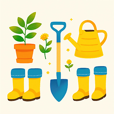 JPG 꽃 화분 일러스트 부츠 사람없음 노란색 물뿌리개 풀잎 삽 원예 원예용품 국내일러스트 AI일러스트 AI콘텐츠 식물 컬러 생활용품 신발 잎 취미 풀_식물 파일형식