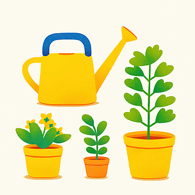 JPG 꽃 화분 일러스트 사람없음 노란색 물뿌리개 풀잎 원예 원예용품 국내일러스트 AI일러스트 AI콘텐츠 식물 컬러 생활용품 잎 취미 풀_식물 파일형식