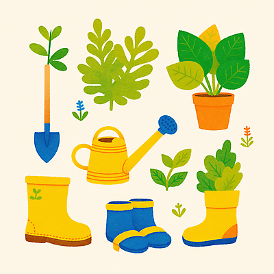 JPG 식물 화분 일러스트 부츠 사람없음 노란색 물뿌리개 풀잎 삽 원예 원예용품 국내일러스트 AI일러스트 AI콘텐츠 컬러 생활용품 신발 잎 취미 풀_식물 파일형식