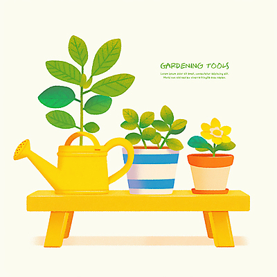 JPG 꽃 화분 일러스트 사람없음 노란색 물뿌리개 풀잎 원예 나무의자 원예용품 국내일러스트 AI일러스트 AI콘텐츠 식물 컬러 생활용품 잎 의자 취미 목재 풀_식물 파일형식