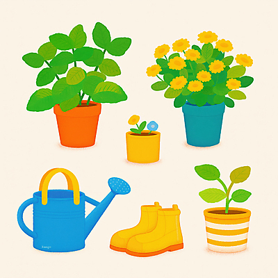 JPG 꽃 화분 일러스트 부츠 사람없음 노란색 물뿌리개 풀잎 원예 원예용품 국내일러스트 AI일러스트 AI콘텐츠 식물 컬러 생활용품 신발 잎 취미 풀_식물 파일형식