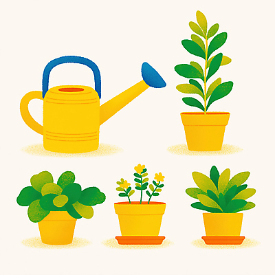 JPG 꽃 화분 일러스트 사람없음 노란색 물뿌리개 풀잎 원예 원예용품 국내일러스트 AI일러스트 AI콘텐츠 식물 컬러 생활용품 잎 취미 풀_식물 파일형식