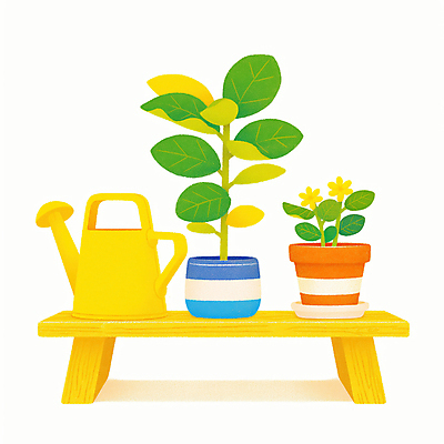 JPG 꽃 화분 일러스트 사람없음 노란색 물뿌리개 풀잎 원예 나무의자 원예용품 국내일러스트 AI일러스트 AI콘텐츠 식물 컬러 생활용품 잎 의자 취미 목재 풀_식물 파일형식