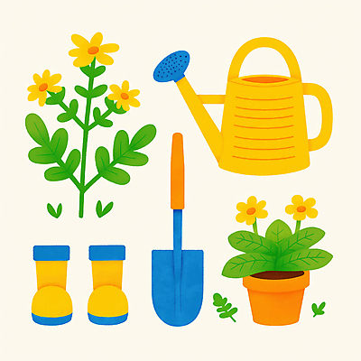 JPG 꽃 화분 일러스트 부츠 사람없음 노란색 물뿌리개 풀잎 삽 원예 원예용품 국내일러스트 AI일러스트 AI콘텐츠 식물 컬러 생활용품 신발 잎 취미 풀_식물 파일형식