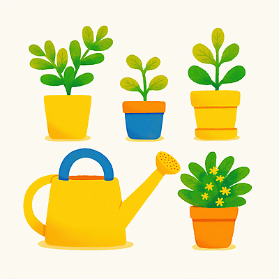 JPG 꽃 화분 일러스트 사람없음 노란색 물뿌리개 풀잎 원예 원예용품 국내일러스트 AI일러스트 AI콘텐츠 식물 컬러 생활용품 잎 취미 풀_식물 파일형식
