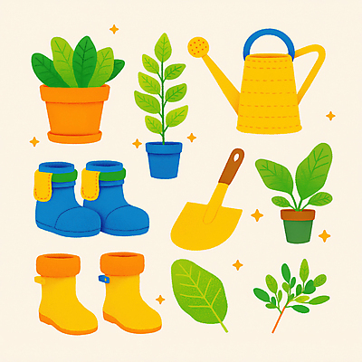 JPG 화분 일러스트 나뭇잎 부츠 사람없음 반짝임 노란색 물뿌리개 풀잎 삽 원예 원예용품 국내일러스트 AI일러스트 AI콘텐츠 컬러 생활용품 신발 잎 모션 취미 풀_식물 파일형식