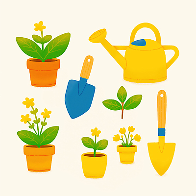 JPG 꽃 화분 일러스트 부츠 사람없음 노란색 물뿌리개 풀잎 삽 원예 원예용품 국내일러스트 AI일러스트 AI콘텐츠 식물 컬러 생활용품 신발 잎 취미 풀_식물 파일형식