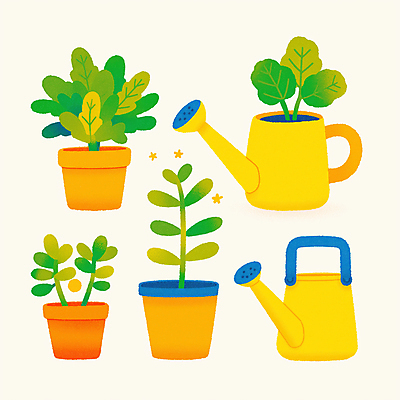 JPG 식물 화분 일러스트 사람없음 노란색 물뿌리개 풀잎 원예 원예용품 국내일러스트 AI일러스트 AI콘텐츠 컬러 생활용품 잎 취미 풀_식물 파일형식