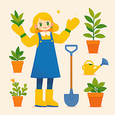 JPG 전신 여자 꽃 화분 장갑 일러스트 부츠 한명 미소 성인 노란색 손들기 물뿌리개 풀잎 삽 원예 원예용품 성인여자한명만 국내일러스트 AI일러스트 AI콘텐츠 식물 1 잡화 컬러 생활용품 신발 잎 모션 표정 사람 취미 풀_식물 여자한명만 성인여자만 파일형식