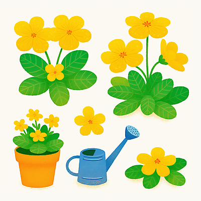 JPG 꽃 화분 일러스트 사람없음 노란색 물뿌리개 풀잎 원예 원예용품 국내일러스트 AI일러스트 AI콘텐츠 식물 컬러 생활용품 잎 취미 풀_식물 파일형식
