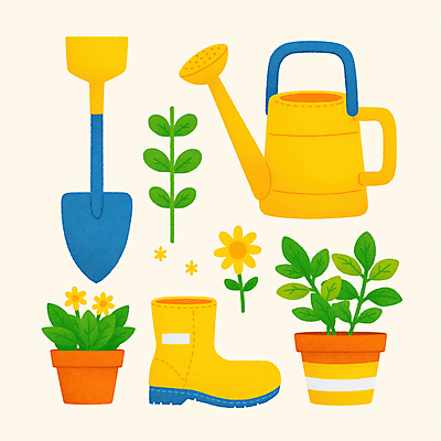 JPG 꽃 화분 일러스트 부츠 사람없음 노란색 물뿌리개 풀잎 삽 원예 원예용품 국내일러스트 AI일러스트 AI콘텐츠 식물 컬러 생활용품 신발 잎 취미 풀_식물 파일형식