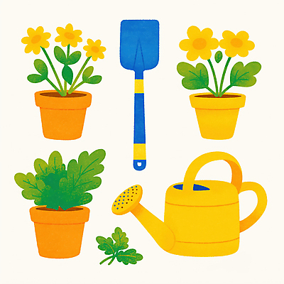 JPG 꽃 화분 일러스트 사람없음 노란색 물뿌리개 풀잎 삽 원예 원예용품 국내일러스트 AI일러스트 AI콘텐츠 식물 컬러 생활용품 잎 취미 풀_식물 파일형식