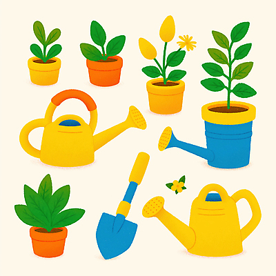 JPG 꽃 화분 일러스트 사람없음 노란색 물뿌리개 풀잎 삽 원예 원예용품 국내일러스트 AI일러스트 AI콘텐츠 식물 컬러 생활용품 잎 취미 풀_식물 파일형식