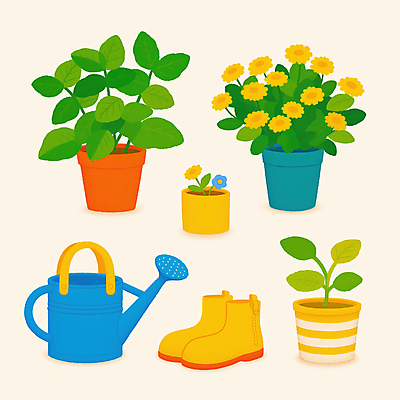 JPG 꽃 화분 일러스트 부츠 사람없음 노란색 물뿌리개 풀잎 원예 원예용품 국내일러스트 AI일러스트 AI콘텐츠 식물 컬러 생활용품 신발 잎 취미 풀_식물 파일형식