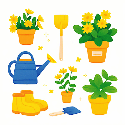 JPG 꽃 화분 일러스트 부츠 사람없음 노란색 물뿌리개 풀잎 삽 원예 원예용품 국내일러스트 AI일러스트 AI콘텐츠 식물 컬러 생활용품 신발 잎 취미 풀_식물 파일형식