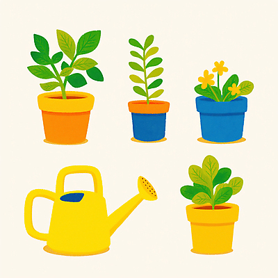 JPG 꽃 화분 일러스트 사람없음 노란색 물뿌리개 풀잎 원예 원예용품 국내일러스트 AI일러스트 AI콘텐츠 식물 컬러 생활용품 잎 취미 풀_식물 파일형식