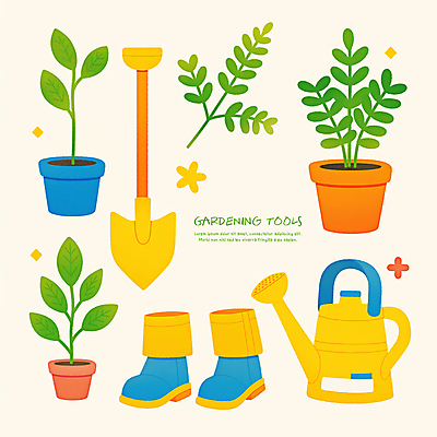 JPG 화분 일러스트 부츠 사람없음 반짝임 노란색 물뿌리개 풀잎 삽 원예 원예용품 국내일러스트 AI일러스트 AI콘텐츠 컬러 생활용품 신발 잎 모션 취미 풀_식물 파일형식