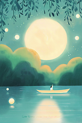 JPG 여자 호수 야경 일러스트 자연 밤하늘 나뭇잎 산 한명 성인 빛 고요 봄풍경 보름달 달빛 감성 선박 몽환 성인여자한명만 국내일러스트 AI일러스트 AI콘텐츠 1 컨셉 수상교통 잎 하늘 사람 풍경 봄 달 야간 생태계 여자한명만 성인여자만 파일형식 풍경_경치