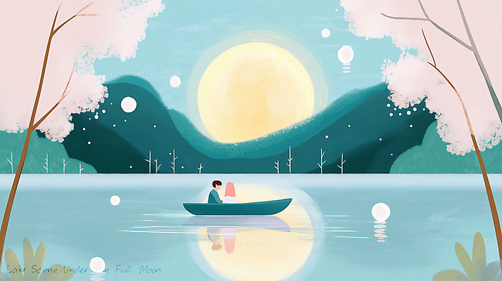 JPG 커플 여자 남자 호수 야경 일러스트 자연 밤하늘 산 성인 두명 빛 반사 고요 봄풍경 보름달 벚나무 달빛 감성 선박 몽환 성인만 국내일러스트 AI일러스트 AI콘텐츠 나무 컨셉 수상교통 관계 하늘 사람 풍경 봄 벚꽃 달 야간 생태계 파일형식 풍경_경치