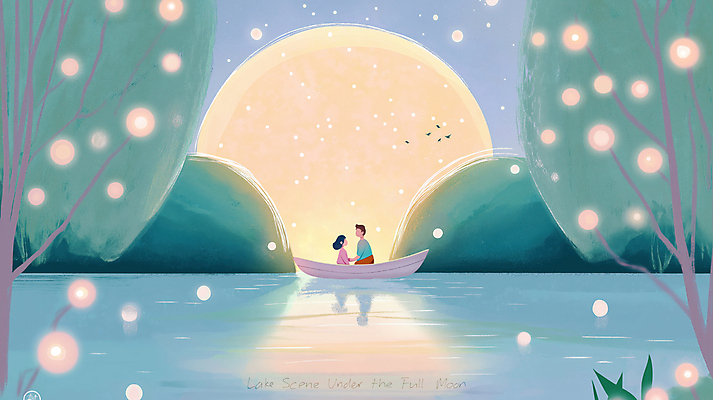 JPG 나무 커플 여자 남자 호수 야경 일러스트 자연 조류 밤하늘 산 성인 두명 빛 반사 마주보기 고요 봄풍경 보름달 달빛 감성 선박 몽환 성인만 국내일러스트 AI일러스트 AI콘텐츠 식물 동물 컨셉 수상교통 관계 모션 하늘 사람 풍경 봄 달 야간 생태계 파일형식 풍경_경치