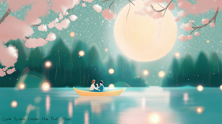 JPG 커플 여자 남자 호수 야경 일러스트 자연 밤하늘 성인 두명 빛 반사 마주보기 고요 봄풍경 보름달 벚나무 달빛 감성 선박 몽환 성인만 국내일러스트 AI일러스트 AI콘텐츠 나무 컨셉 수상교통 관계 모션 하늘 사람 풍경 봄 벚꽃 달 야간 생태계 파일형식 풍경_경치