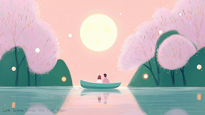 JPG 커플 여자 남자 호수 야경 일러스트 자연 밤하늘 산 성인 두명 빛 반사 고요 봄풍경 보름달 벚나무 달빛 감성 선박 몽환 성인만 국내일러스트 AI일러스트 AI콘텐츠 나무 컨셉 수상교통 관계 하늘 사람 풍경 봄 벚꽃 달 야간 생태계 파일형식 풍경_경치