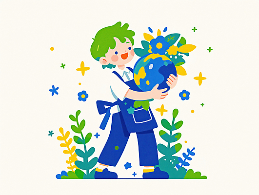 JPG 전신 남자 꽃 지구 어린이 일러스트 안기 한명 미소 소년 파란색 반짝임 자연보호 그린캠페인 앞치마 풀잎 식목일 소년한명만 국내일러스트 AI일러스트 AI콘텐츠 식물 1 기념일 캠페인 컬러 잎 모션 자연 표정 사람 풀_식물 보호 남자한명만 소년만 파일형식