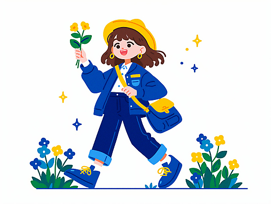 JPG 전신 모자 여자 꽃 어린이 일러스트 한명 미소 들기 소녀 파란색 반짝임 걷기 자연보호 그린캠페인 풀잎 식목일 크로스백 소녀한명만 국내일러스트 AI일러스트 AI콘텐츠 식물 1 잡화 기념일 캠페인 컬러 잎 가방 모션 자연 표정 사람 풀_식물 보호 여자한명만 소녀만 파일형식