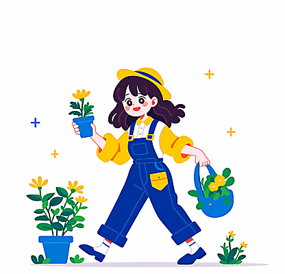 JPG 전신 모자 여자 꽃 화분 어린이 가방 일러스트 한명 미소 들기 소녀 파란색 걷기 자연보호 그린캠페인 풀잎 식목일 소녀한명만 국내일러스트 AI일러스트 AI콘텐츠 식물 1 잡화 기념일 캠페인 컬러 잎 모션 자연 표정 사람 풀_식물 보호 여자한명만 소녀만 파일형식