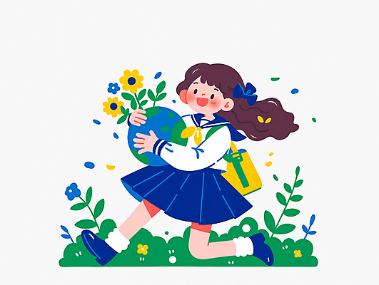 JPG 전신 여자 꽃 지구 어린이 가방 일러스트 안기 한명 미소 소녀 파란색 걷기 자연보호 그린캠페인 풀잎 식목일 소녀한명만 국내일러스트 AI일러스트 AI콘텐츠 식물 1 잡화 기념일 캠페인 컬러 잎 모션 자연 표정 사람 풀_식물 보호 여자한명만 소녀만 파일형식