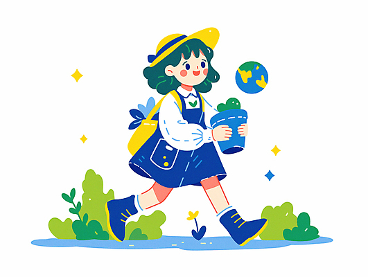 JPG 전신 모자 여자 꽃 지구 어린이 가방 일러스트 한명 미소 들기 소녀 파란색 반짝임 걷기 자연보호 그린캠페인 풀잎 식목일 소녀한명만 국내일러스트 AI일러스트 AI콘텐츠 식물 1 잡화 기념일 캠페인 컬러 잎 모션 자연 표정 사람 풀_식물 보호 여자한명만 소녀만 파일형식